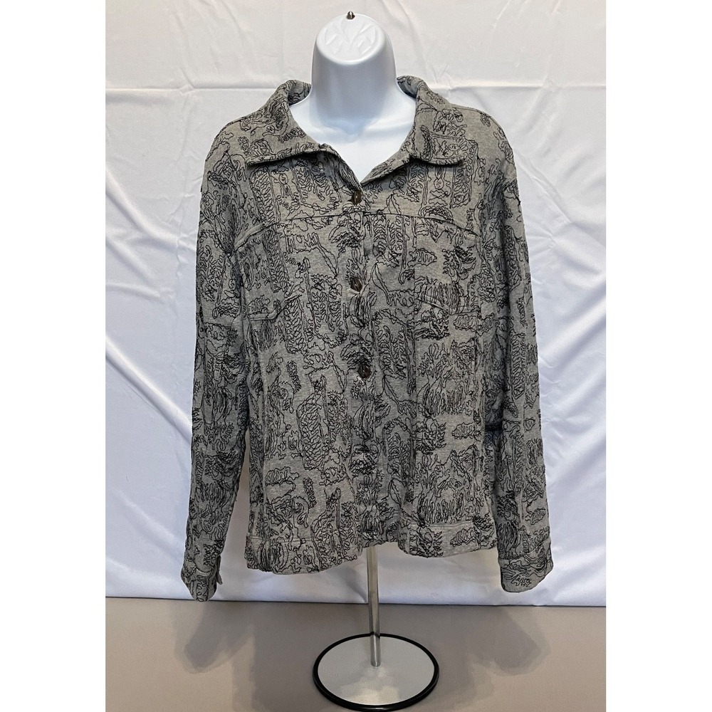 Chico's Jacquard Knit Shirt Jacket Gray & Black Leaf Pattern Button Font Size 3 - Picture 1 of 14